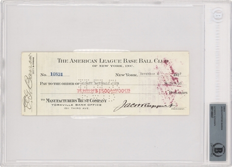 1927 Jacob Ruppert & Ed Barrow Dual Signed Check (Beckett & PSA/DNA)